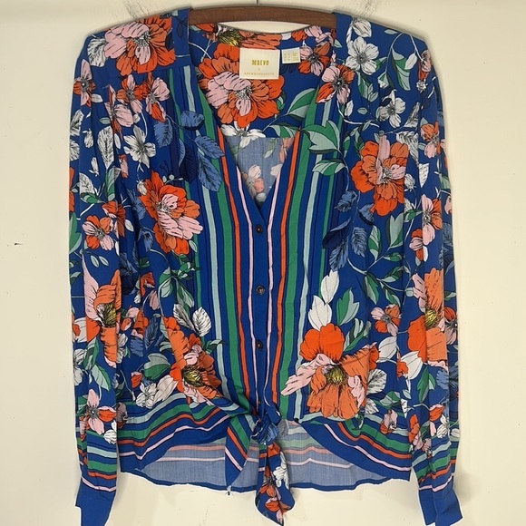 ANTHROPOLOGIE MAEVE Elan Scarf Floral Print Tie Front Blouse Size 8 - Picture 15 of 16